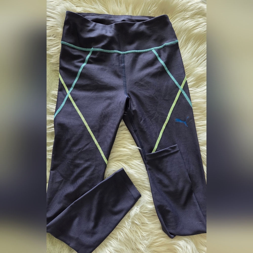 Puma Blue Leggings with Lime and Teal Contrast Stitching